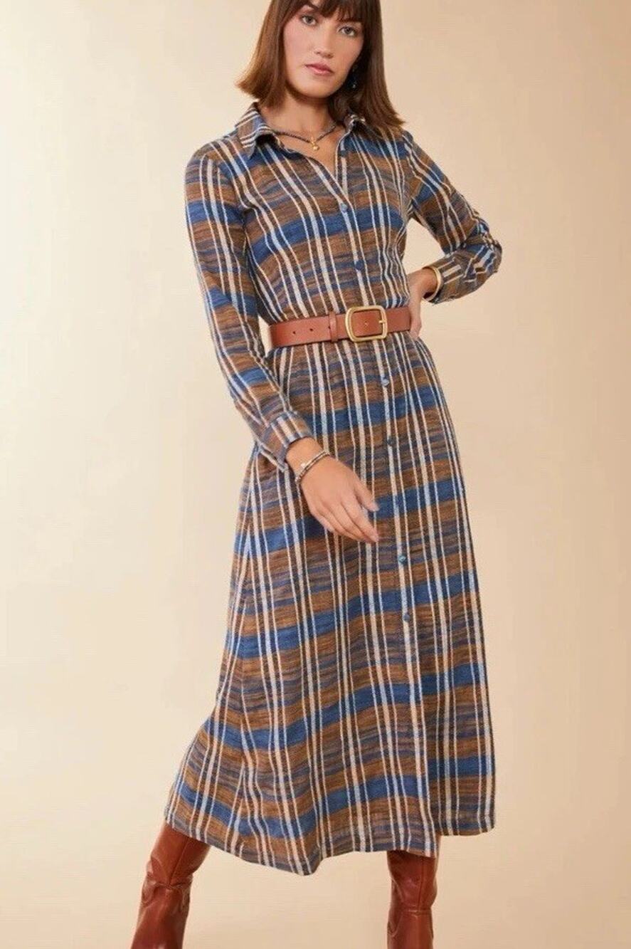 Spartina 449 Tillie Midi Shirt Dress L/S Button Front Kalalanta Plaid Navy Sz XL